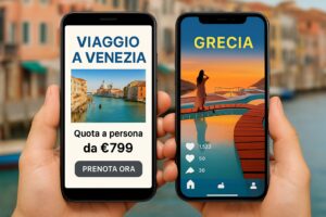 Due smartphone a confronto: a sinistra un volantino digitale di un viaggio a Venezia, a destra un contenuto emozionale dalla Grecia sui social.