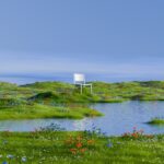 Sedia bianca solitaria in un prato fiorito davanti a uno stagno, metafora della desiderabilità di una destinazione – Foto U+