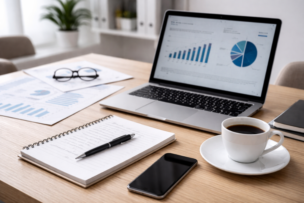 Scrivania di lavoro con laptop, taccuino e report: consulenza in comunicazione e marketing – Foto Abai ©annabruno.it
