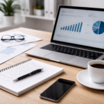Scrivania di lavoro con laptop, taccuino e report: consulenza in comunicazione e marketing – Foto Abai ©annabruno.it