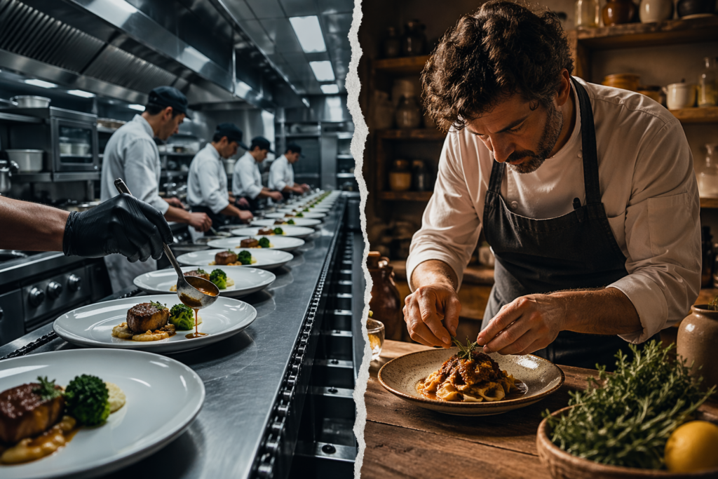 Confronto tra cucina industriale standardizzata e cucina italiana autentica con chef al lavoro