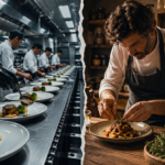 La cucina italiana sta cambiando: perché l’esperienza conta più del piatto (e cosa significa per il marketing dei ristoranti) Confronto tra cucina industriale standardizzata e cucina italiana autentica con chef al lavoro