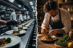 Confronto tra cucina industriale standardizzata e cucina italiana autentica con chef al lavoro