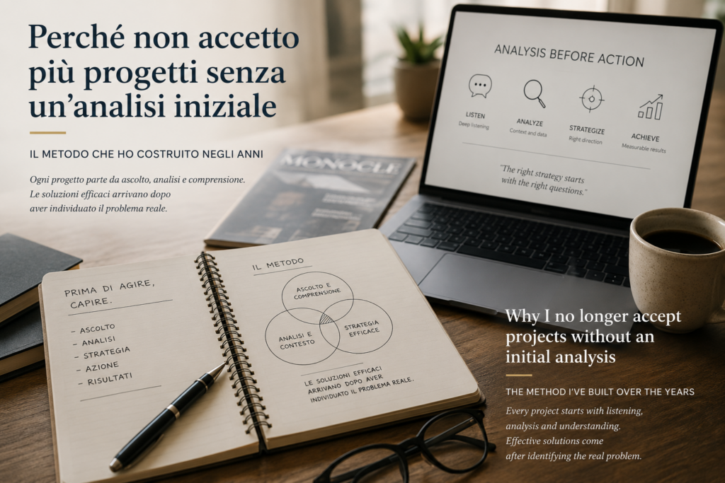 Metodo di lavoro basato su analisi iniziale, ascolto e strategia prima di avviare un progetto