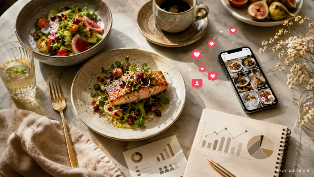 Immagine editoriale dedicata alle collaborazioni tra brand food, ristoranti, hospitality e creator digitali, con riferimenti visivi a contenuti social, engagement e analisi dei risultati.