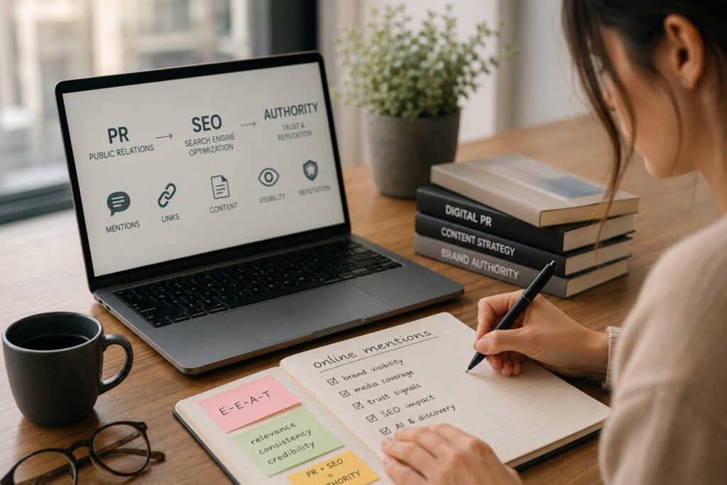 Professionista analizza il legame tra PR, SEO, menzioni online e autorevolezza digitale